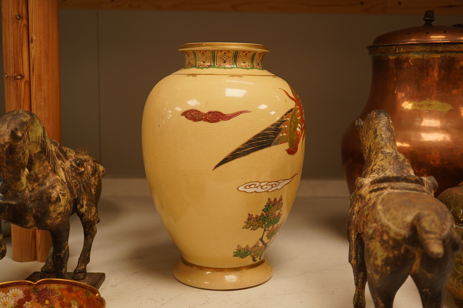 A pair of Chinese bronze horses, a Japanese Satsuma bowl and similar vase, vase 33cm high.